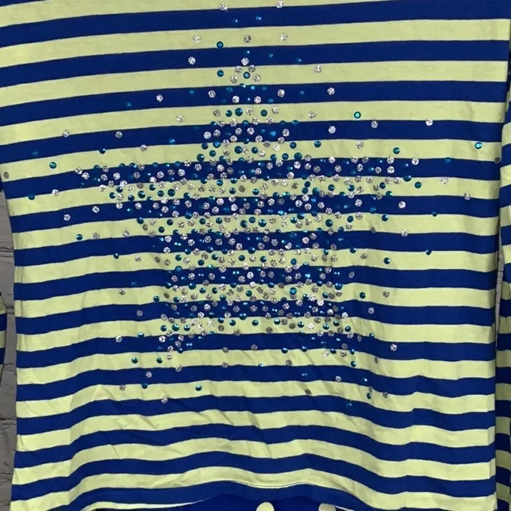 Justice Girls 14 Blue Stripe Yellow Polka Dot Glitter Star Chiffon Tee Knit Top